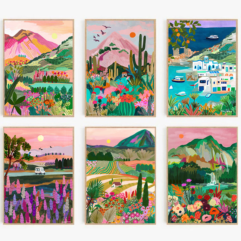 

Flowers Mountain Lake Colorful Nature Landscape Travel Poster Print Canvas Painting Abstract Nordic Wall Art Room Home Decor