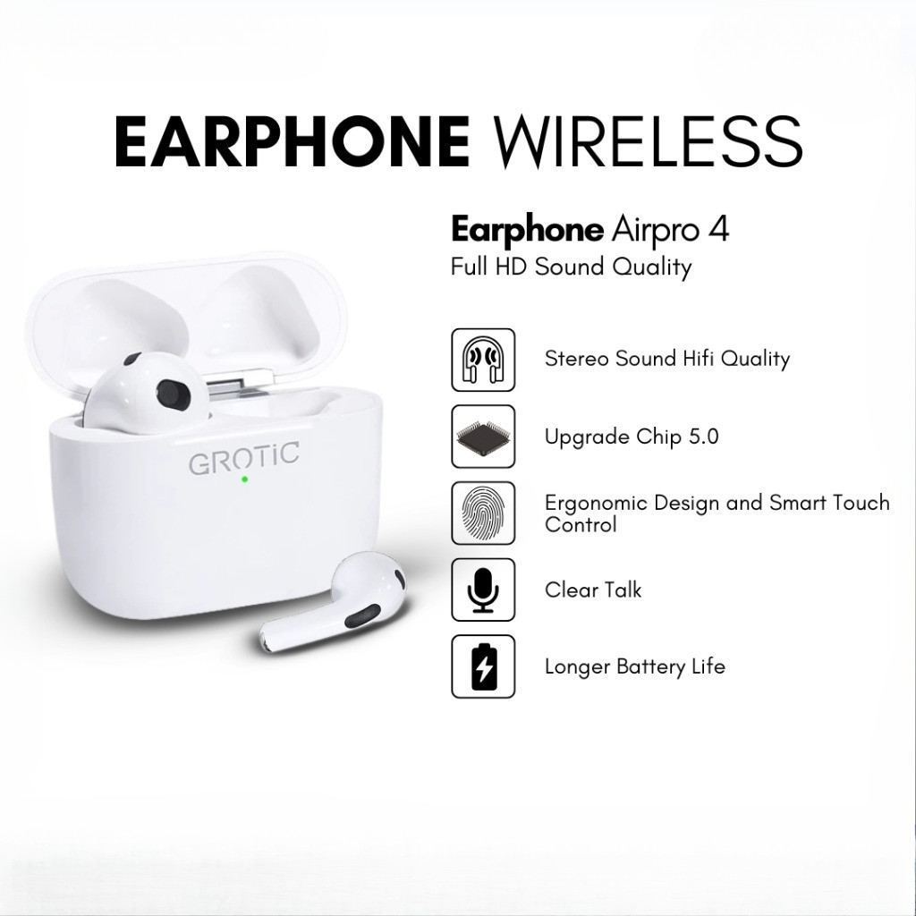 GROTIC Headset Bluetooth Stereo TWS Earphone Wireless Airpro4