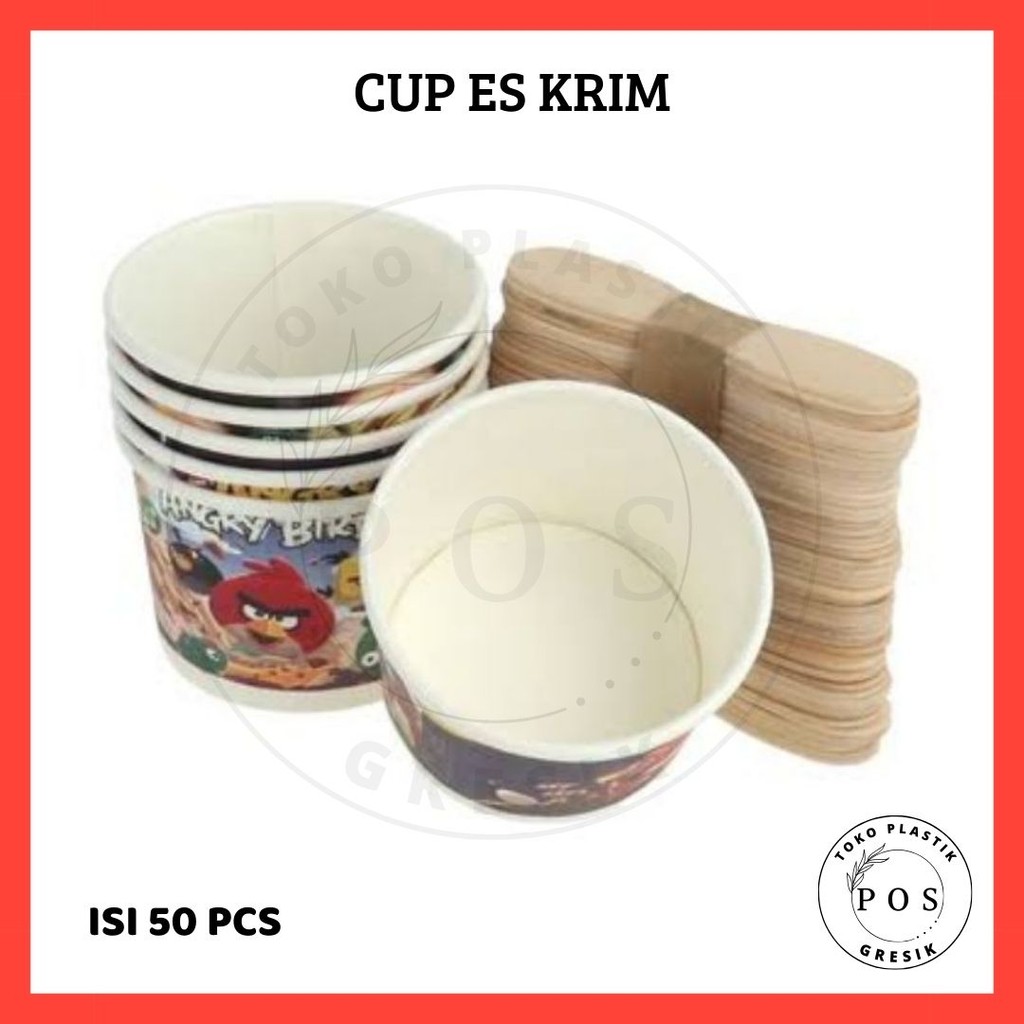 [Isi 50 Pcs] Paket Paper Cup Es Krim 50ml (lengkap Sendok Cup Kertas) Motif Lucu Murah Karakter / Cu