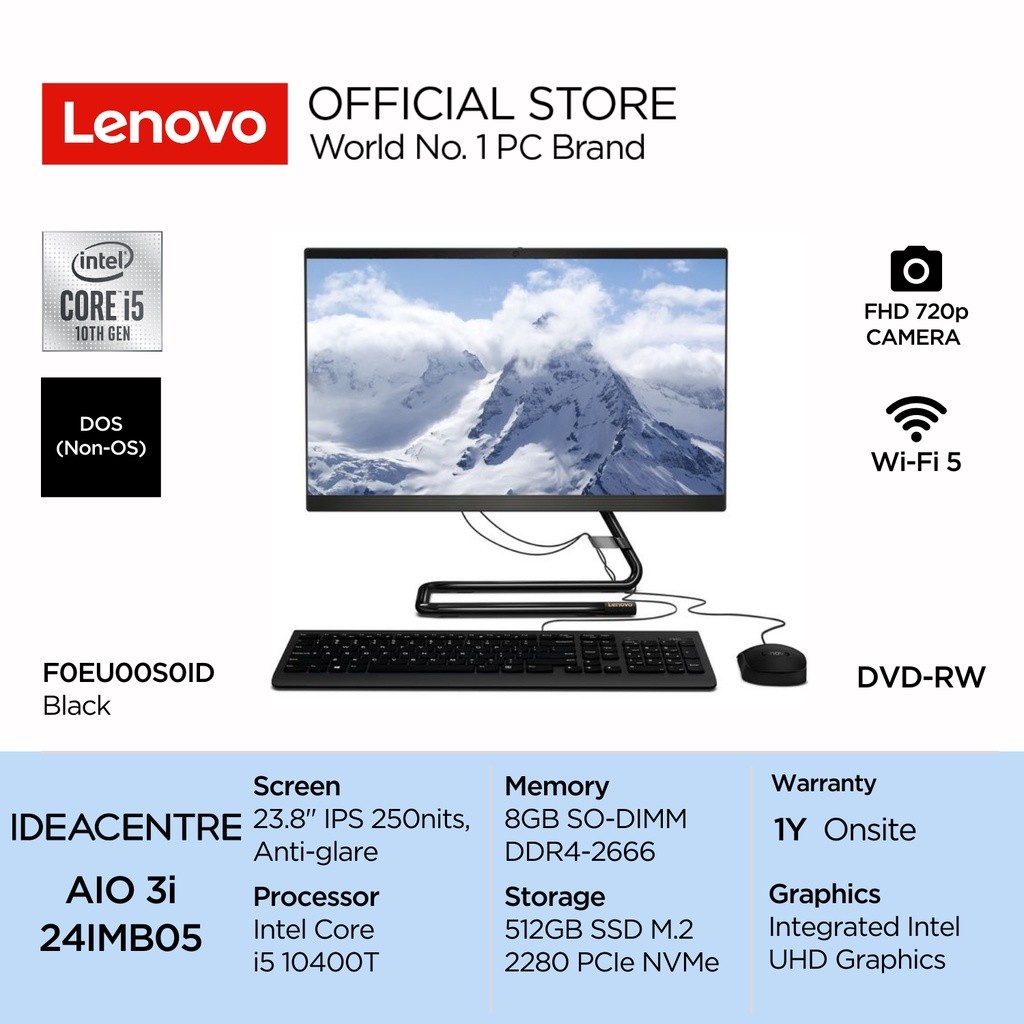 Lenovo PC IdeaCentre AIO 3i 24IMB05 S0ID Intel Core i5 10400T DOS 8GB 512GB SSD 23.8" FHD IPS Integr