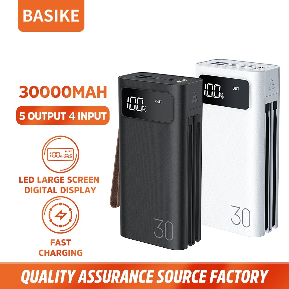 (HOT)BASIKE Powerbank Portabel 30000 mAh Fast Charging with Kabel data Lightning Type C Micro USB