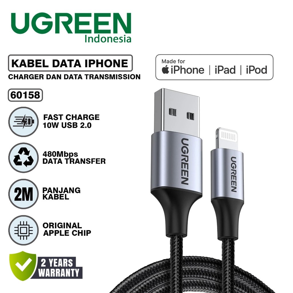UGREEN 60158 Kabel Data Nylon USB A to Lightning 2M 2 Meter PD Power Delivery Fast Charging MFI Made