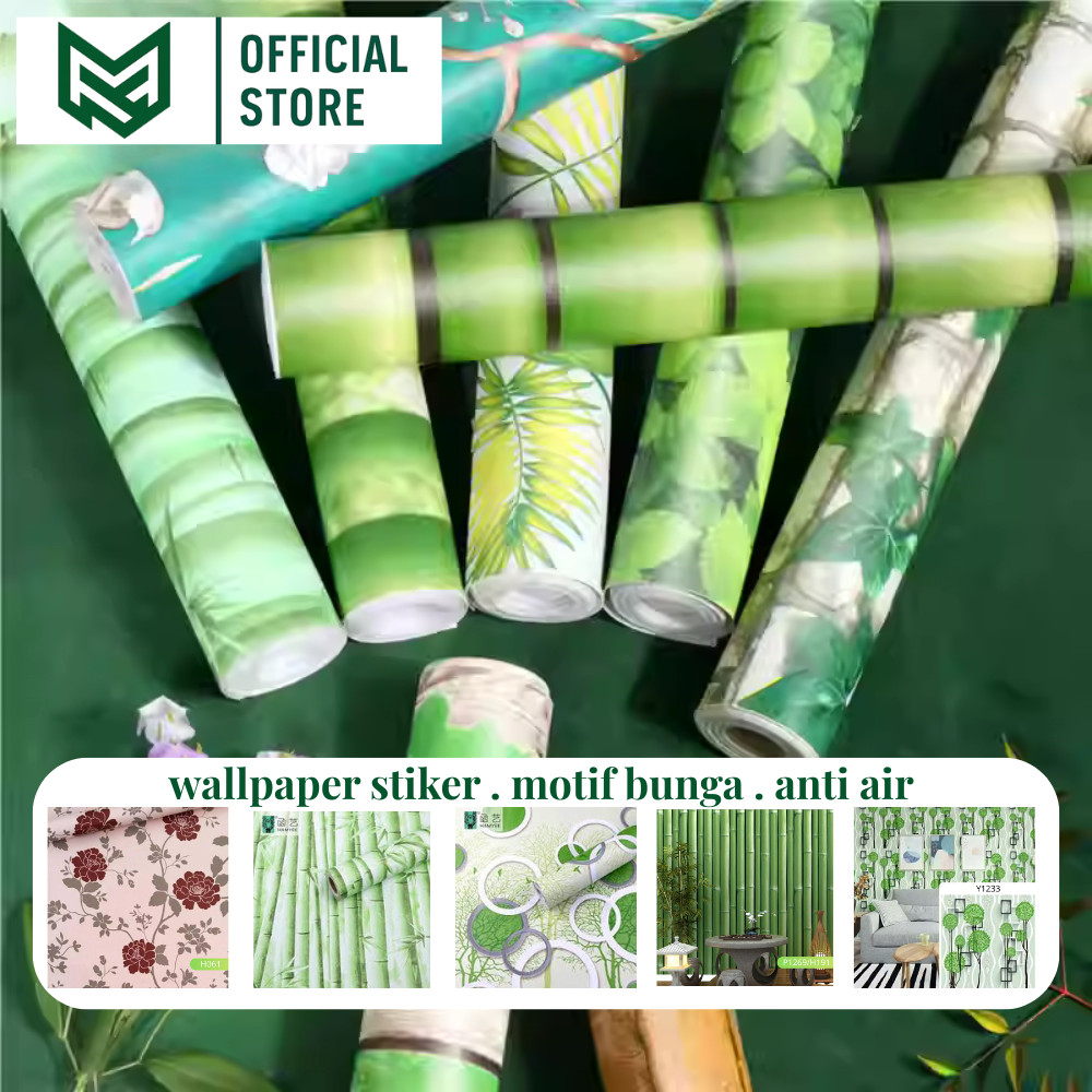 Wallpaper Sticker Bunga Kembang Blossom Abu Biru Hijau Pohon Bambu Pink Batik Berkualitas Stiker Wal