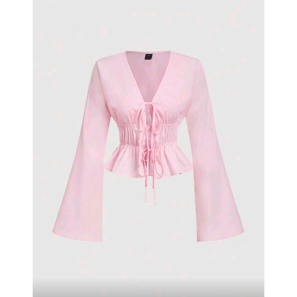 Mod Pink Women's Tie Front Flare Sleeve Blouse