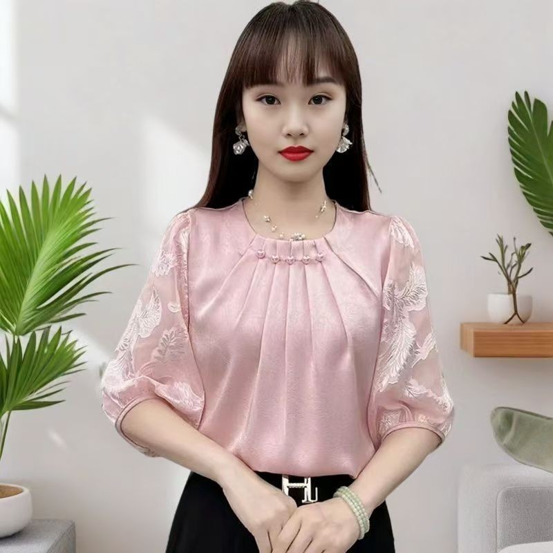 Kemeja lengan lima bagian wanita, kerah bulat, kemeja longgar, kemeja longgar, kemeja longgar