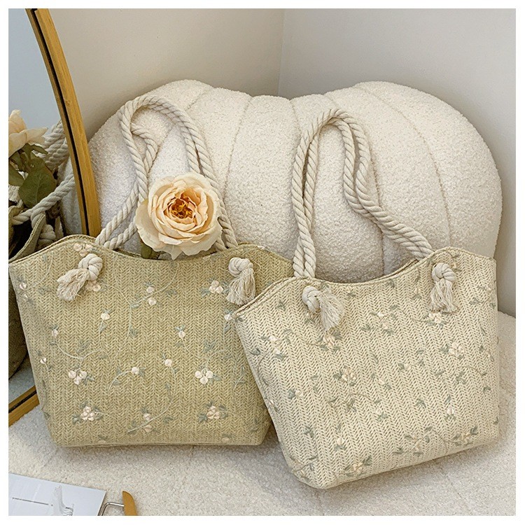Tote Bag Rajut Jerami Motif Bunga Veronica Edition Gaya Korea Tas Wanita Jalan Jalan Kuliah Gagang T