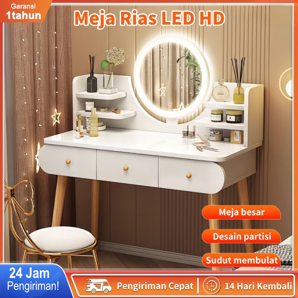 Meja Rias Putih/Meja Rias Minimalis/meja rias kecil/ Meja rias kaca lampu LED/Rak kosmetik Meja Rias