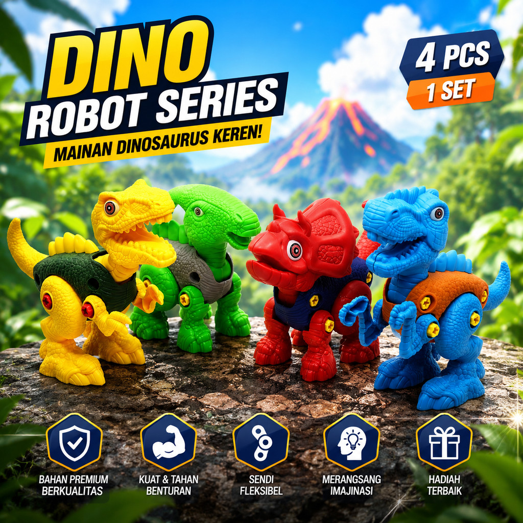 Mainan Dino Robot Anak Set 4 Dinosaurus Bongkar Pasang Edukatif Sendi Gerak Fleksibel