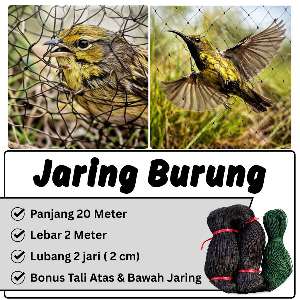 Jaring Burung Warna Hitam Bonus Tali Lebar 2 Meter x ±20 Meter Lubang Kecil 1 Jari 2" Benang Senar 0