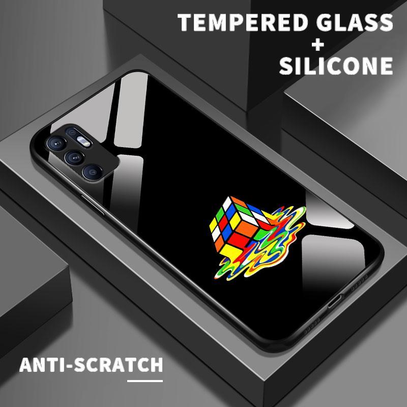Glass Case For OPPO Reno6 Lite Z Reno7 4G Reno8 T Reno11 F Find X3 K9x Silikon Back Unik Rubik's Cub