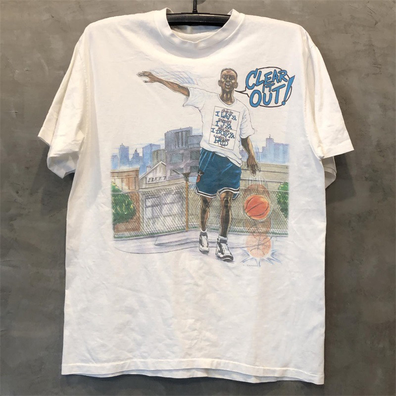 DKI SHOP American street vintage vintage minyak gambar gaya bola basket olahraga kembang lengan pend