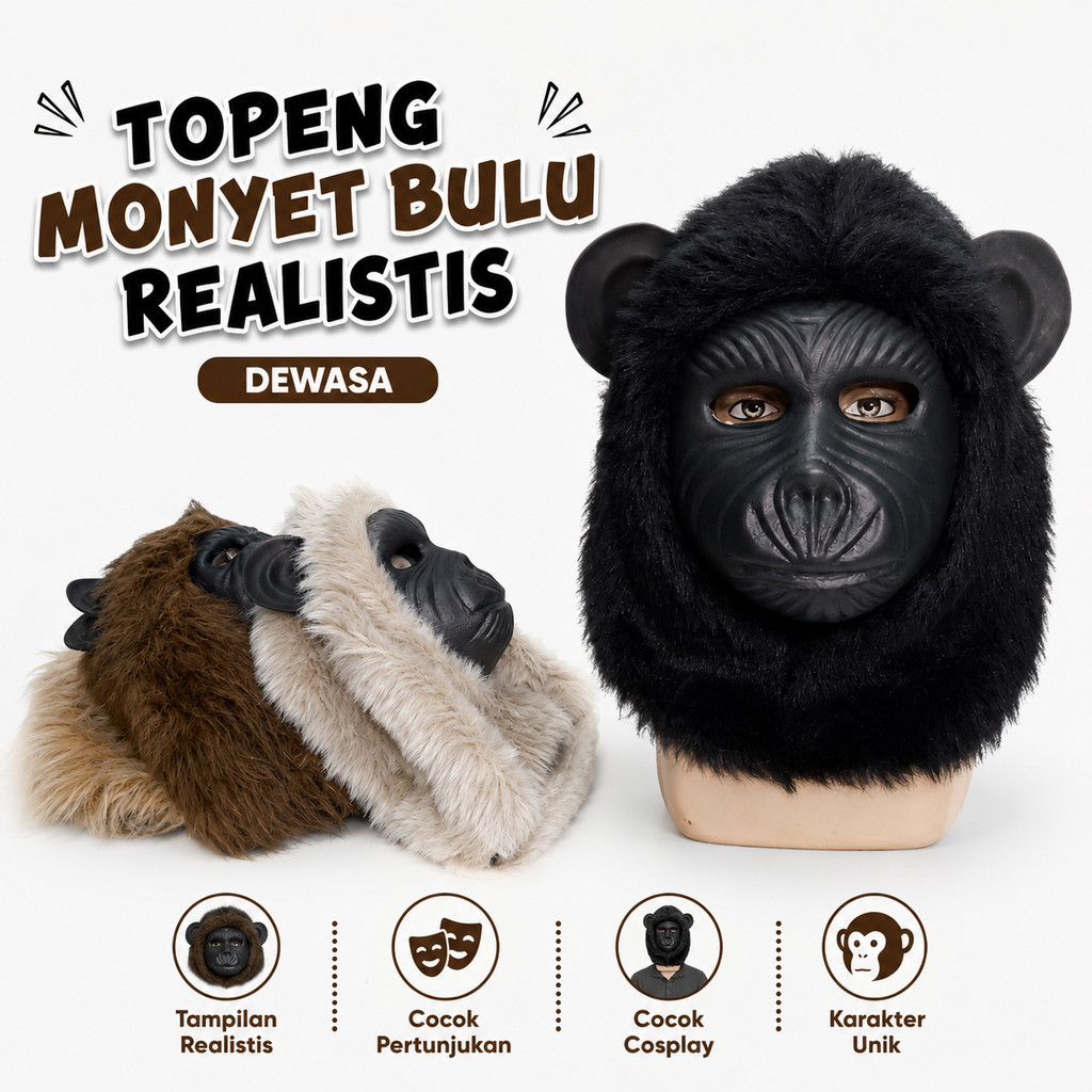TOPENG MONYET BULU REALISTIS DEWASA | Masker Gorila Cosplay Kostum Karnaval Lucu Viral