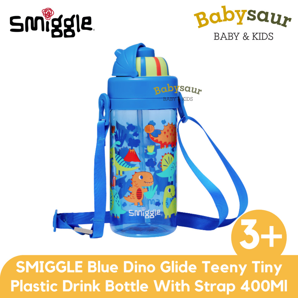 SMIGGLE 100% Original Blue Dino Glide Teeny Tiny Plastic Drink Bottle With Strap 400Ml Botol Minum A