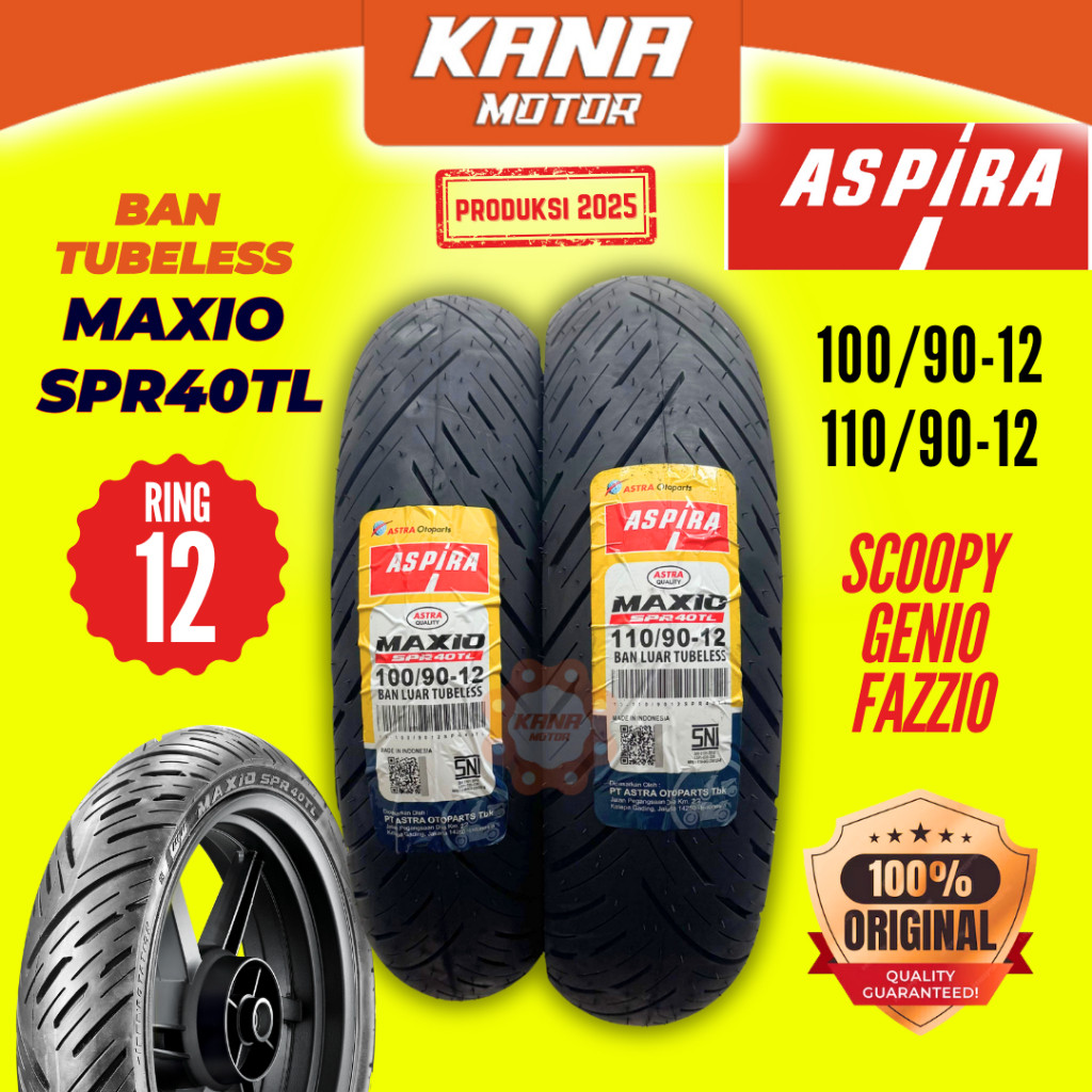 PROMO BAN LUAR TUBELESS ASPIRA MAXIO SPR40TL 100/90 110/90 R12 RING 12 SCOOPY GENIO FAZZIO ORIGINAL