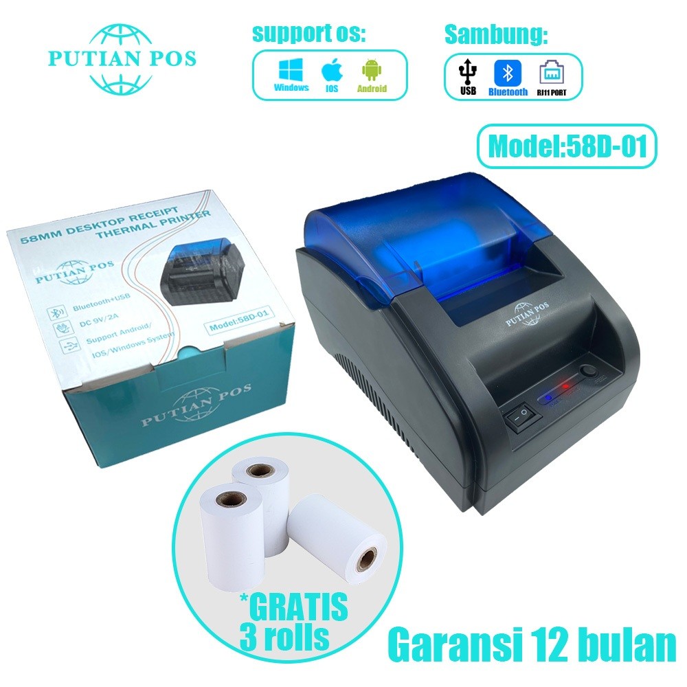 

PUTIAN POS Bluetooth Thermal Printer 58D-01 Mini Kasir Tanda Terima Printer Mendukung Laci Kas