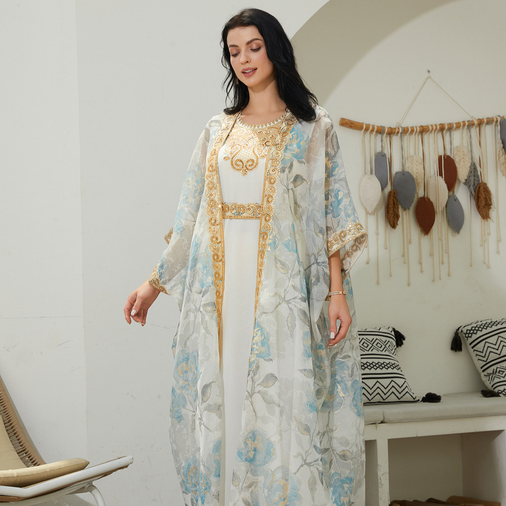 Muslim robe with gold flower decoration evening dress two-piece set dress