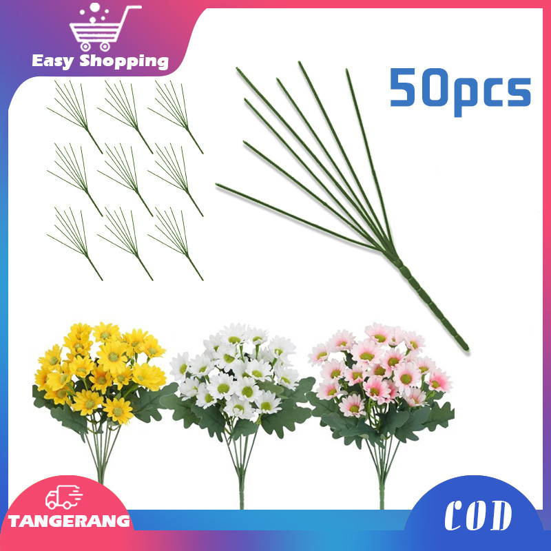 50pcs Kawat Tangkai Bunga Cabang 7 Cabang Plastik Kawat Tangkai Bunga Artificial Kawat Florist