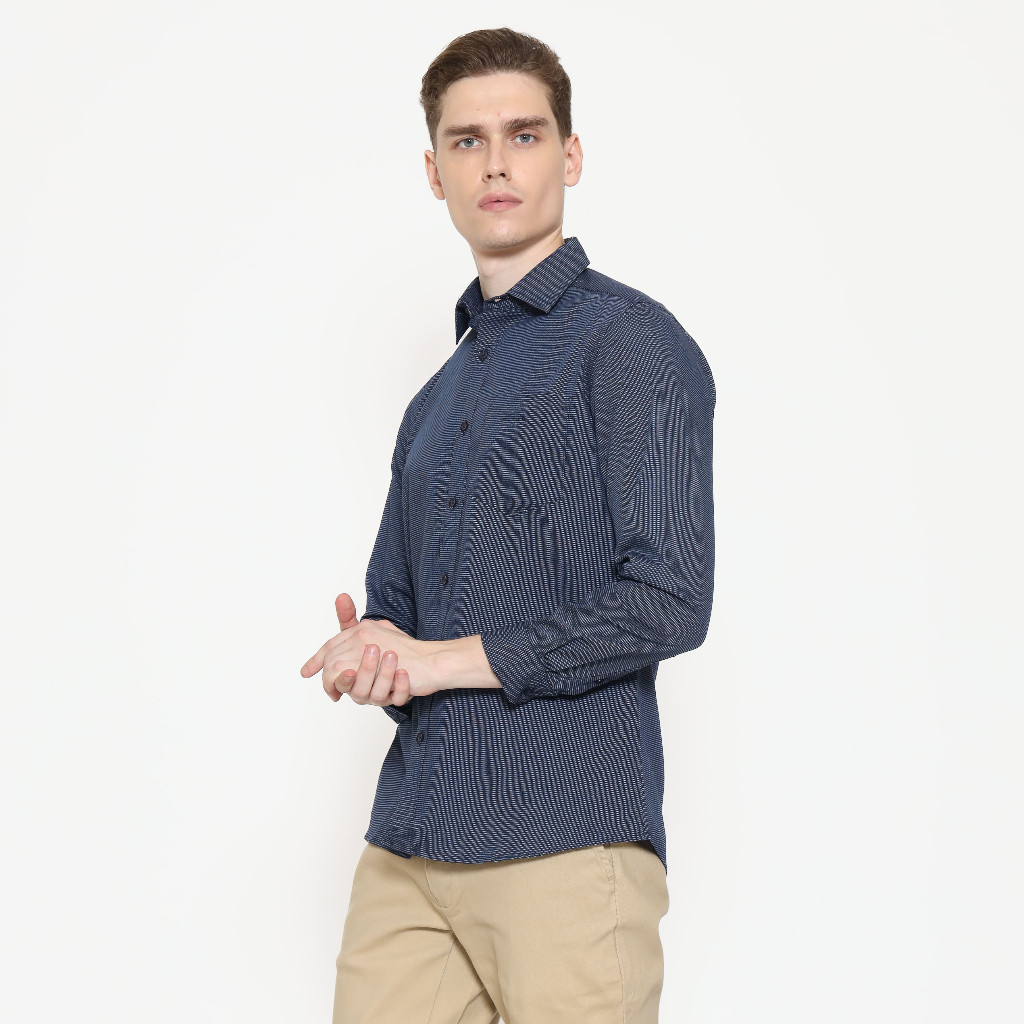 SCHOELLER S.9 Kemeja Casual Pria Slim Fit Cotton Viscose Tekstur Halus Biru