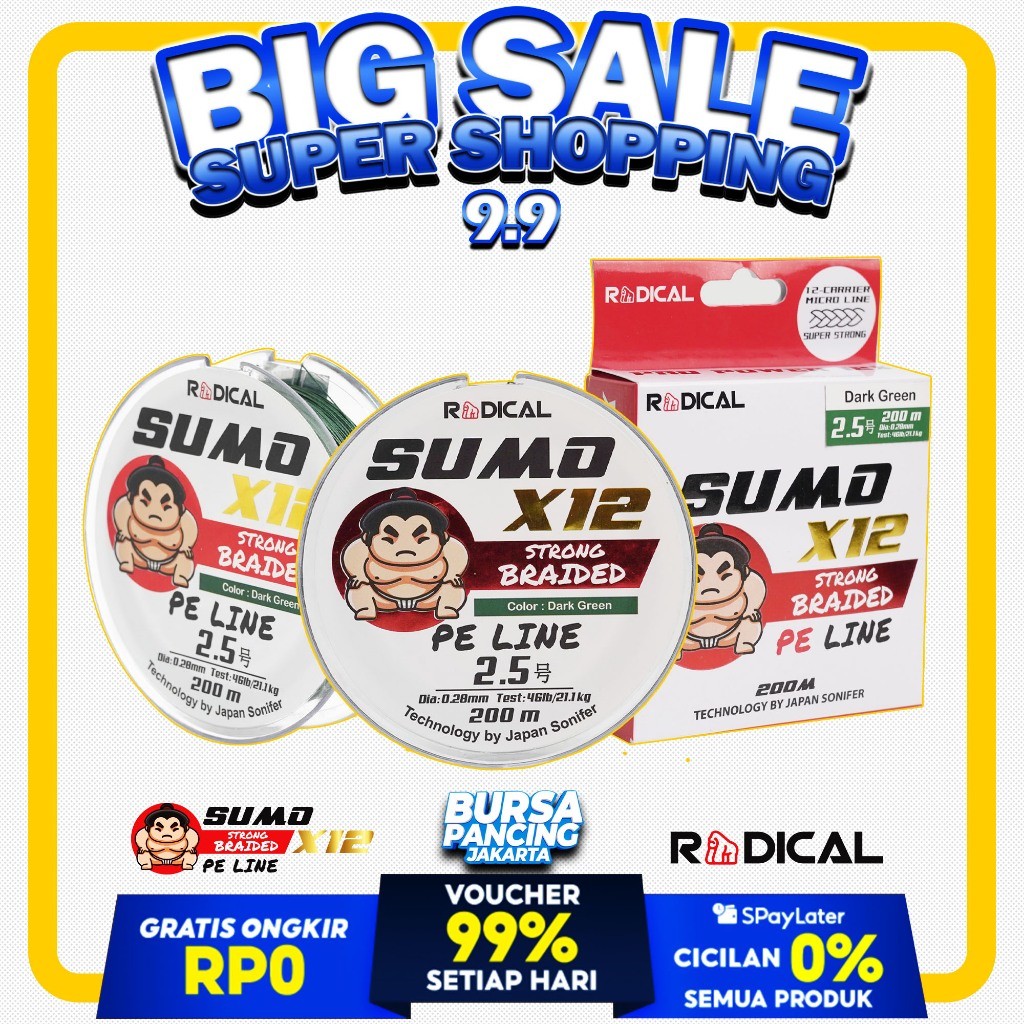RADICAL Senar Pancing SUMO X12 200M DARK GREEN Tali Pancing PE