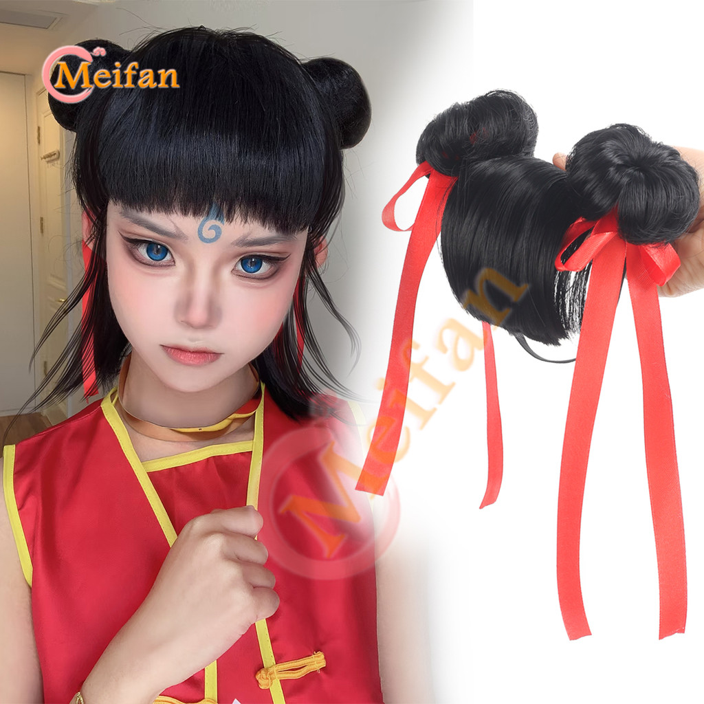 Nezha Fake Hair Bun with Rubber Hairband Natural Headband Chignons with Bangs Daily Wear Cosplay Hai