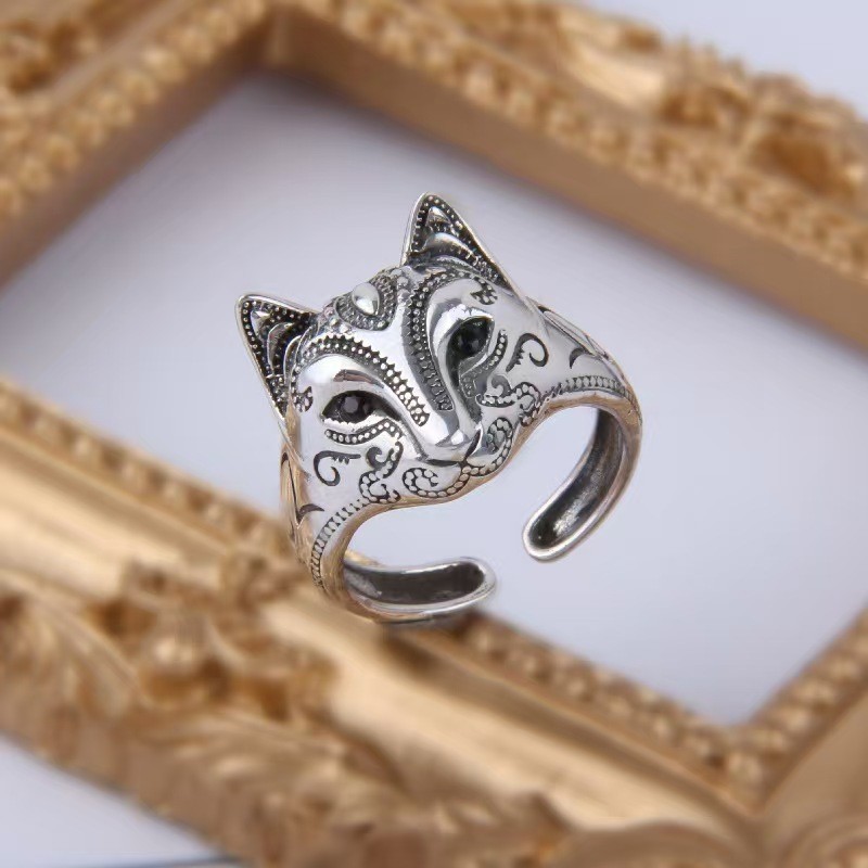 Cincin topeng rubah perak asli Thailand trik wanita bunga persik wajah kucing rubah cincin Jepang