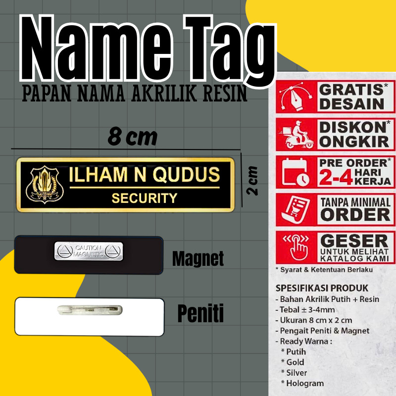 SEHARI JADI Name Tag Tebal 3 mm Nama Dada Papan Nama Grafir Gravir Gravier DOFF Laser MURAH( Nametag