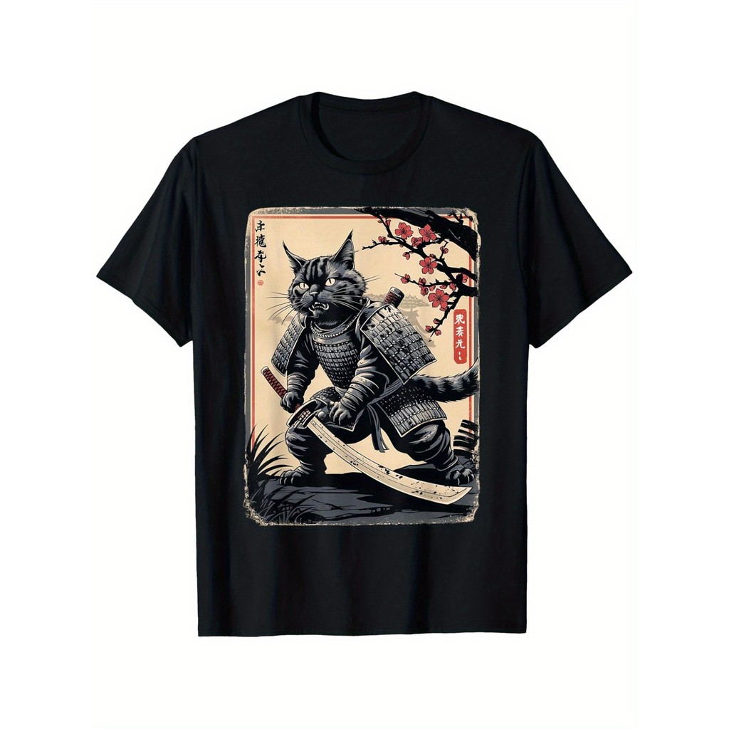 Kaos Samurai Cat Vintage Pedang Samurai Jepang Retro Armor, Kaos Kasual Katun Unisex Leher Bulat Len