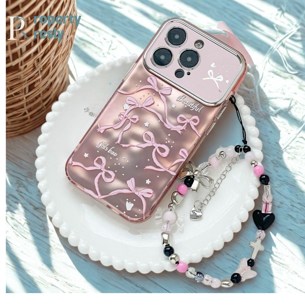 PROPERTYPRESLY | Pink Bowknot Coquette Textured Wrinkle Case with Charm – Hardcase/ Casing HP for iP