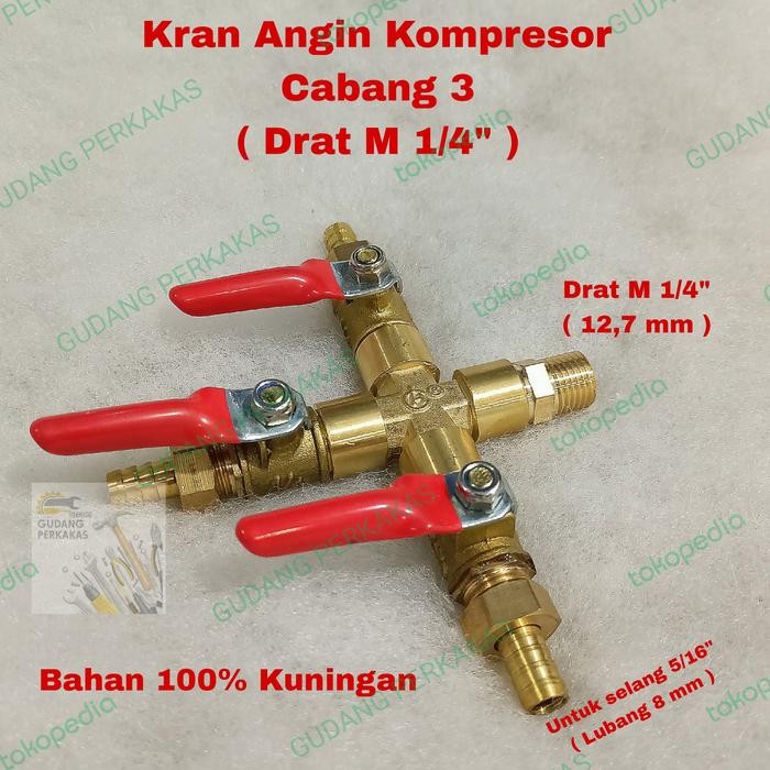 Kran Angin Kompresor 1/4" CABANG 3 - Air Cock 1/4 In Kuningan Cabang 3