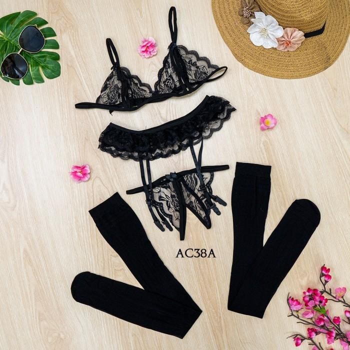 Set Garter Belt Bra CD Stocking Transparan Lingerie Premium AC38A