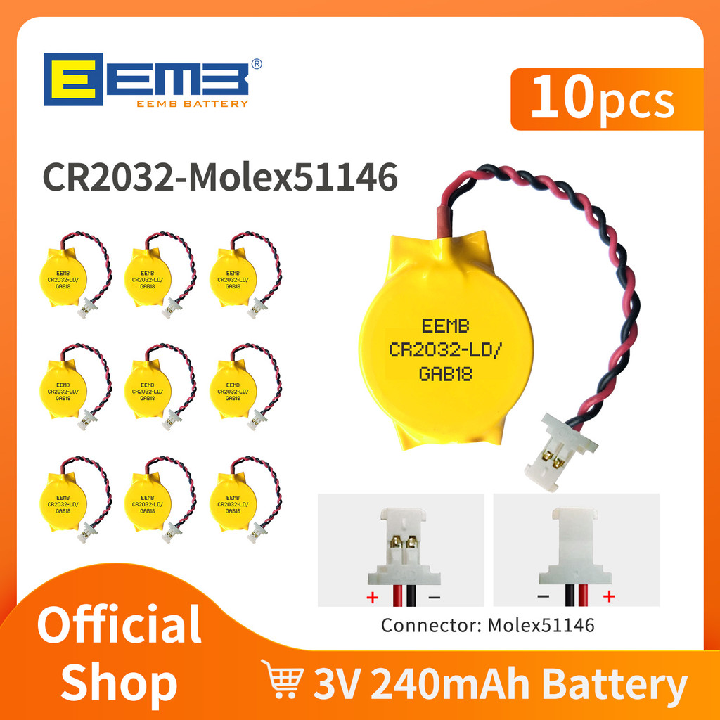 10PACK EEMB 3V 2Pin CR2032 Battery with Wire CR2016 CMOS Battery Motherboard Laptop Replacement Batt