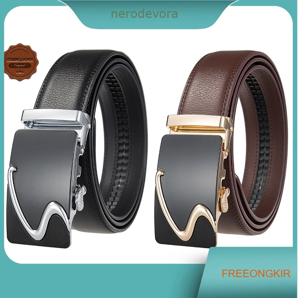 DOBEL JAHITAN Genuine Leather ikat pinggang pria kulit asli gesper model rel hitam cokelat