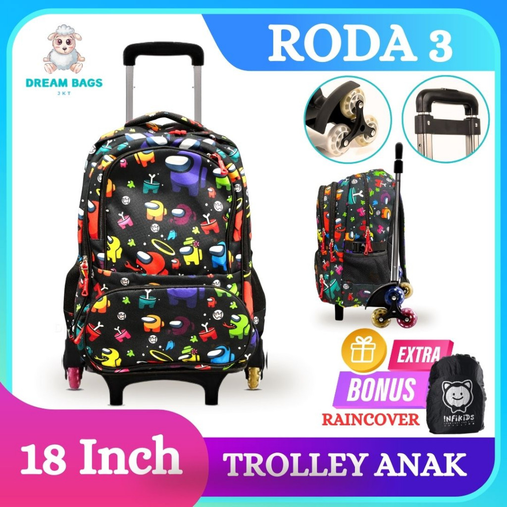 DREAM BAGS - Tas Troli Anak Laki Laki RODA 3 - Tas Trolley Anak SD - Tas Koper Anak - Tas Dorong Ana