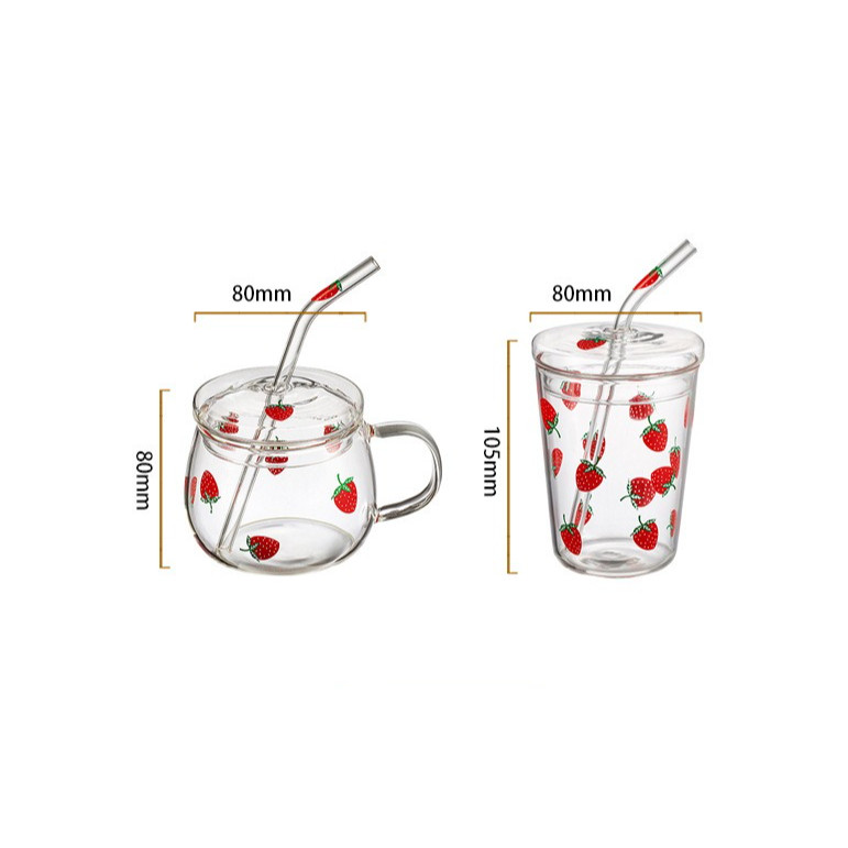 Kawaii Strawberry Glass Mug with Lid Coffee Milk Clear Glass Water Cups Juice Smoothie Cold Drinks S
