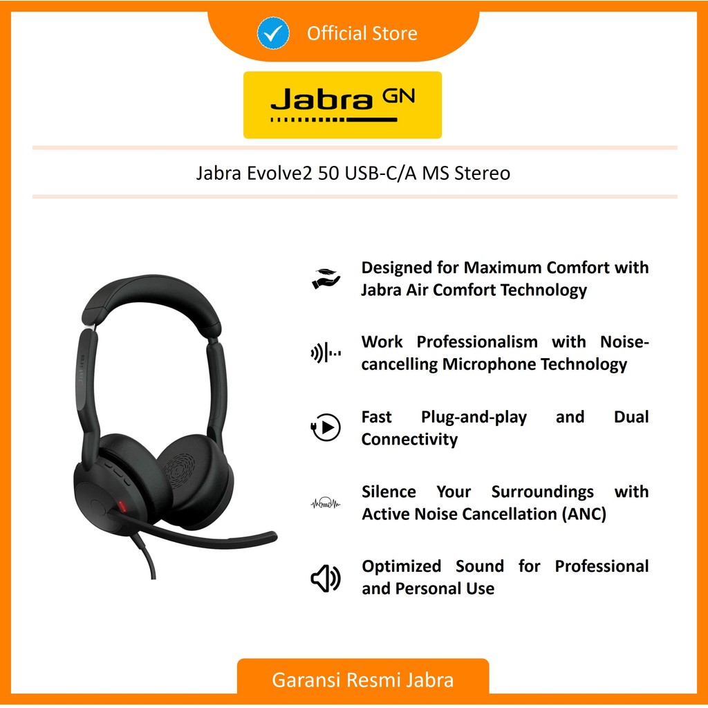 Jabra Evolve2 50 USB-C/A MS Stereo Headset (25089-999-799)