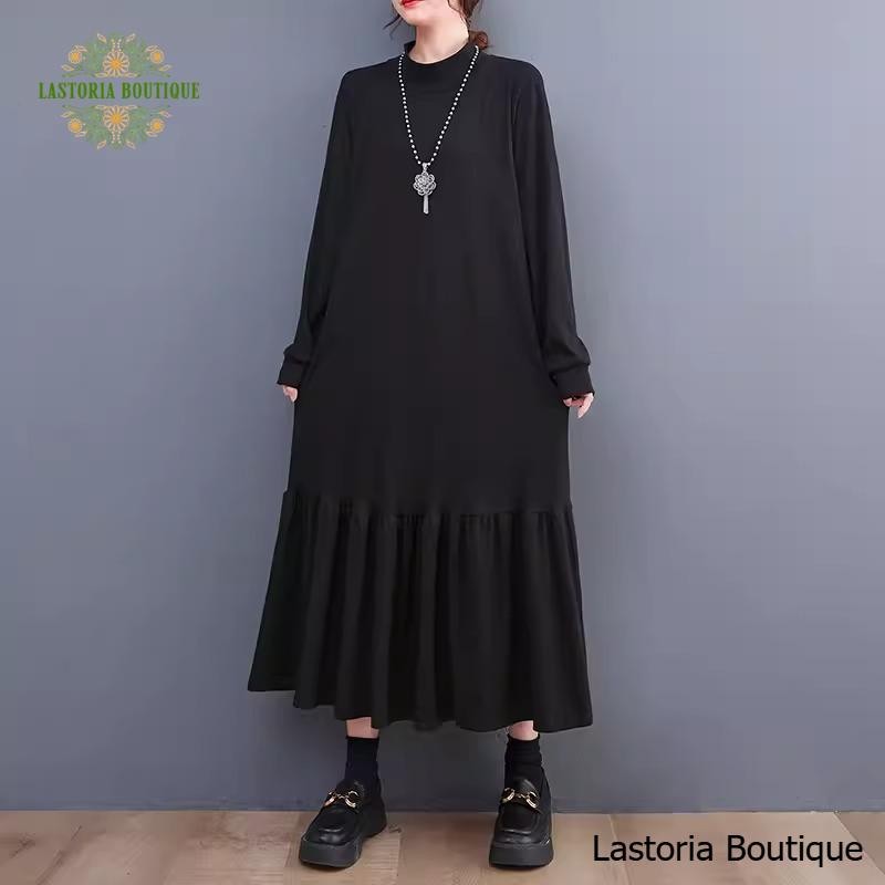 LC1526 Oversized Midi Dress Hitam Polos Premium Lastoria Boutique