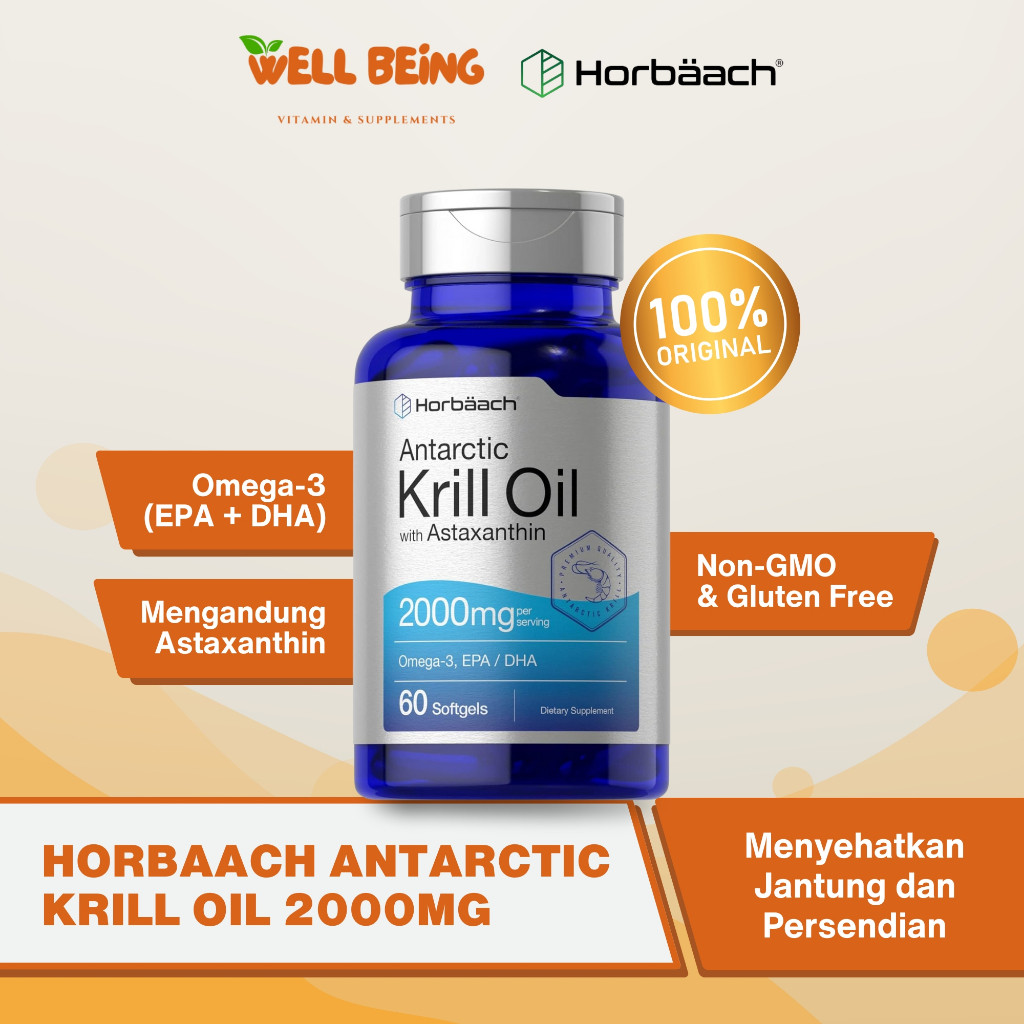 Horbaach Antarctic Krill Oil 2000mg | 60 Softgel Capsules | Omega-3, EPA, DHA, Astaxanthin | Non-GMO