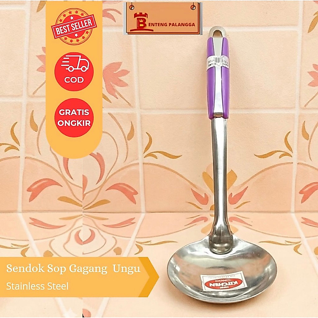 Sendok Sop Stainless Gagang Ungu Anti Karat / Irus Motif Garis Awet / Sendok Sayur Kuat