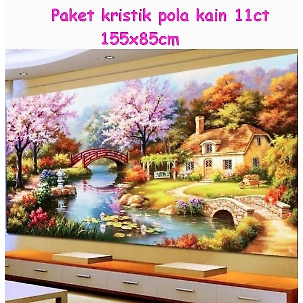 DIY paket kristik pemandangan taman sakura bunga japanese rumah dan gazebo pola kain cross stitch ki