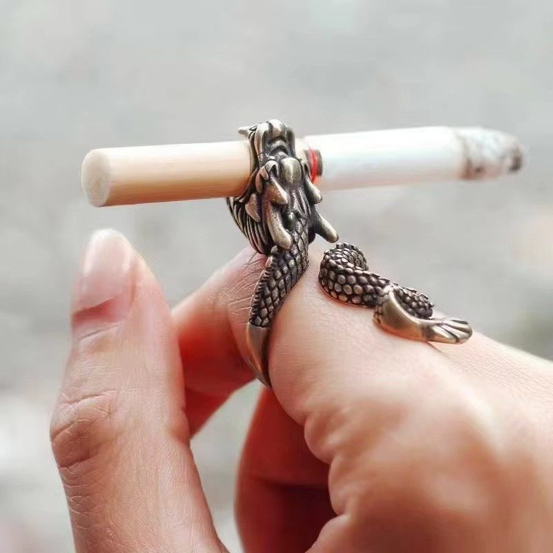 Cincin Penyangga Rokok Berlapis Emas Bergaya Vintage dengan Motif Naga Cina untuk Pria, Perhiasan Pe