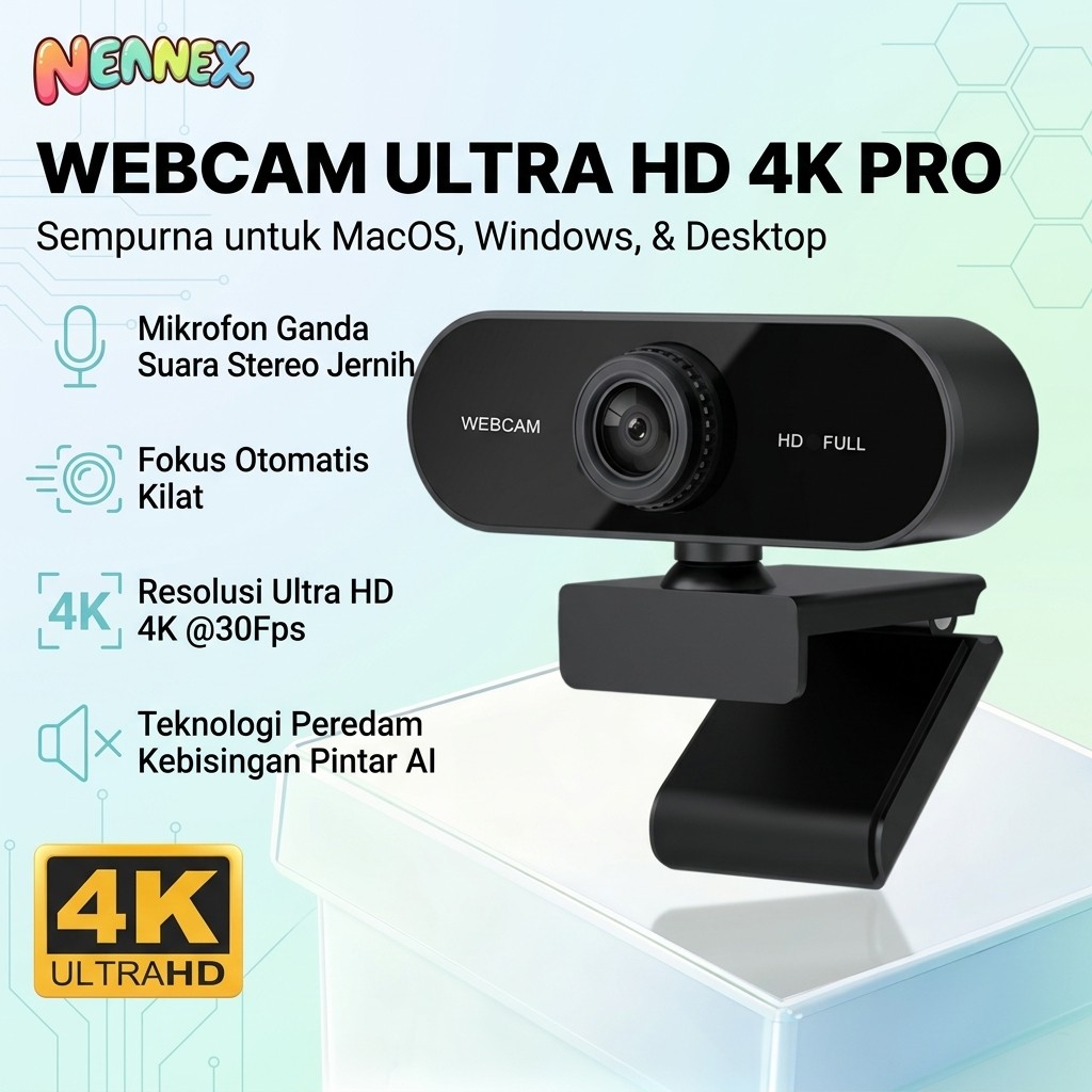 Nennex Kamera Komputer Webcam 4K Ultra HD Fixed Focus Eksternal Laptop PC Mac Windows Streaming Colo
