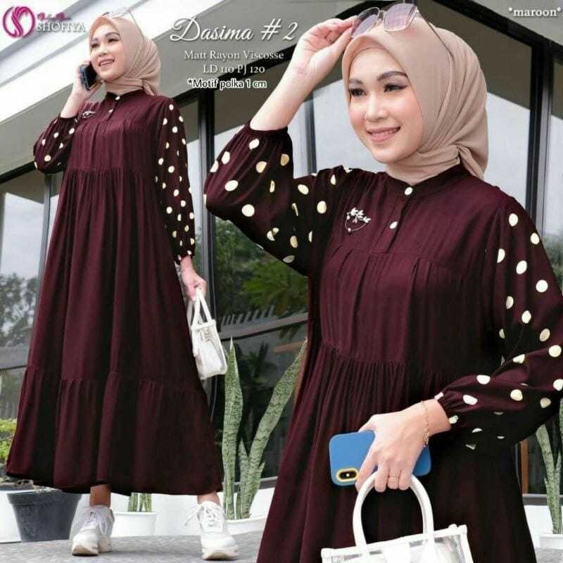 PROMO Gamis Polos Kombinasi Lengan Polkadot Midi Dress Terbaru