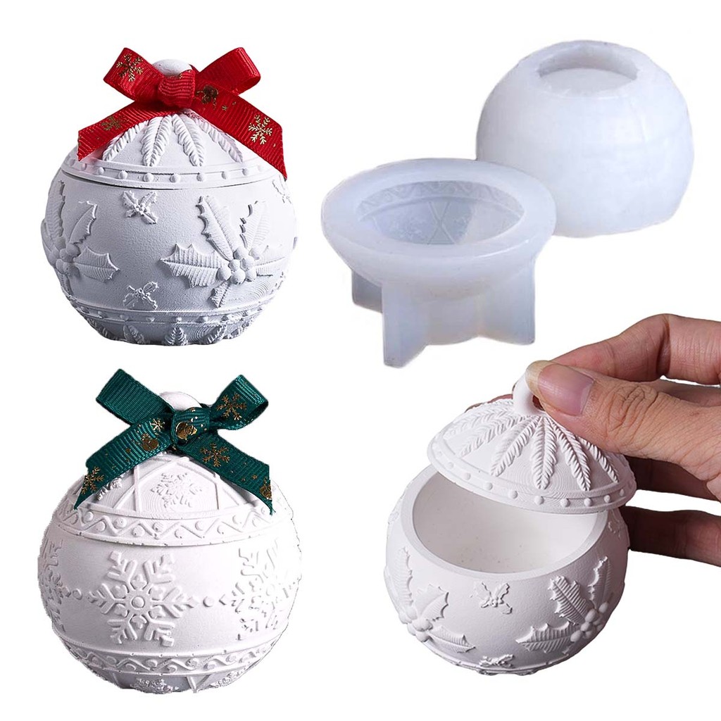 

Ball Candle Jar Silicone Mold with Lid DIY 3D Relief Snows Berry Ball Jar Concrete Round Scented Candle Vessel Molds