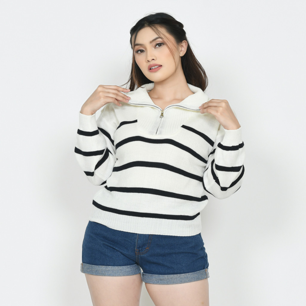 Armous Outer Blouse Knit Rajut Wanita Salur Kerah Resleting Crop Top Bahan Lembut