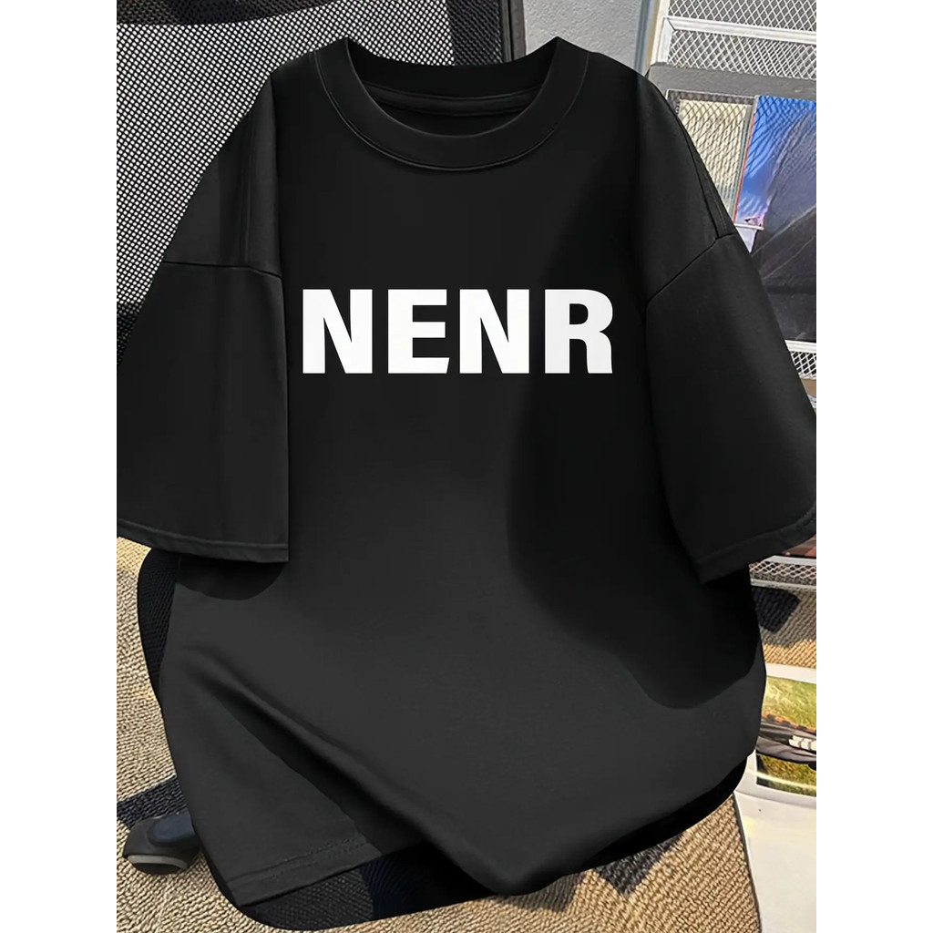 Kaos Pria Putih Katun Murni - Kaos Leher Bulat Minimalis dengan Cetakan Huruf NENR Tebal, Kaos Sehar