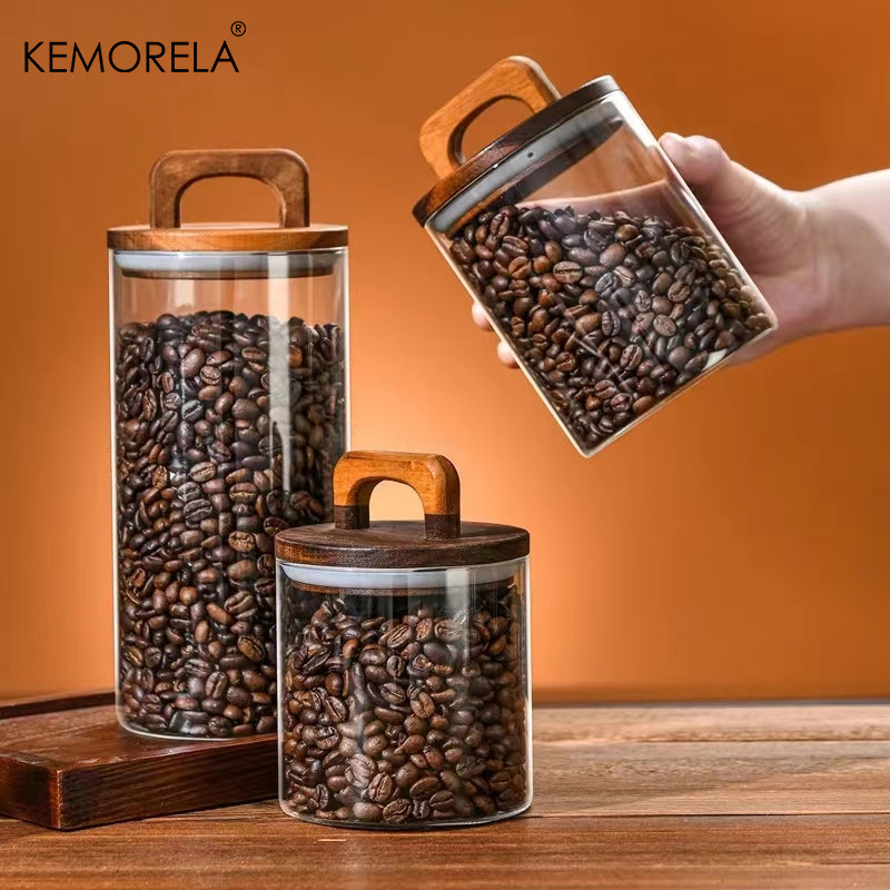 Wood Lid Glass jar Airtight Canister Food Container Tea Coffee Beans Kitchen Storage Bottles Jar Sea