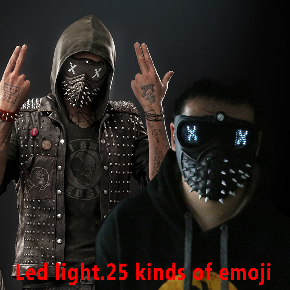 25 Emoticons Changeable Watch Mask Dogs 2 Marcus Wrench LED Light Rivet Face Masks Cosplay Mask Prop