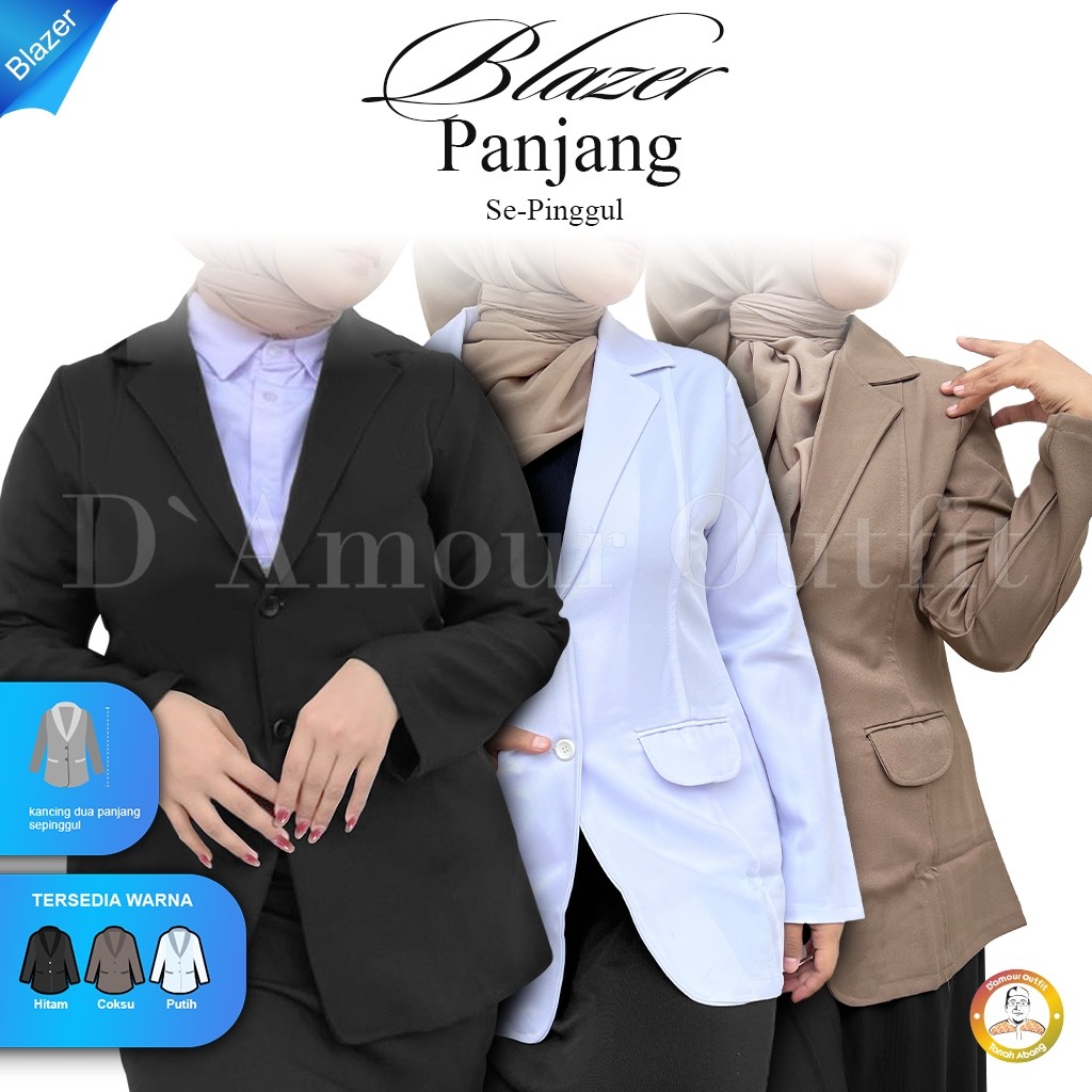 SAXCSHOP Jas Blazer Panjang Sepinggul Wanita Jas Kerja Kantor Cewe Polos Panjang Dewasa Anak Jaket B