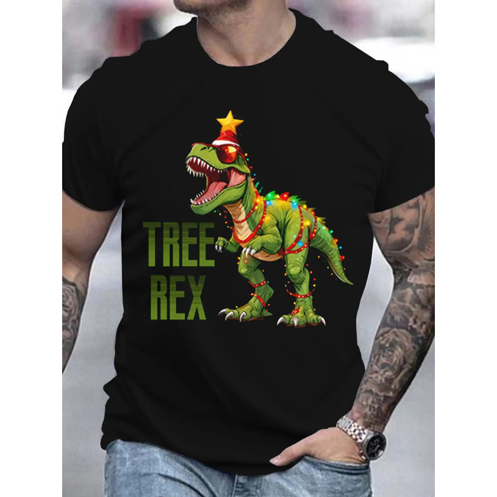 Festive Christmas Tree Rex 3D Printed T-Shirt - Men's Casual Summer Top with Round Neck and Short Sl