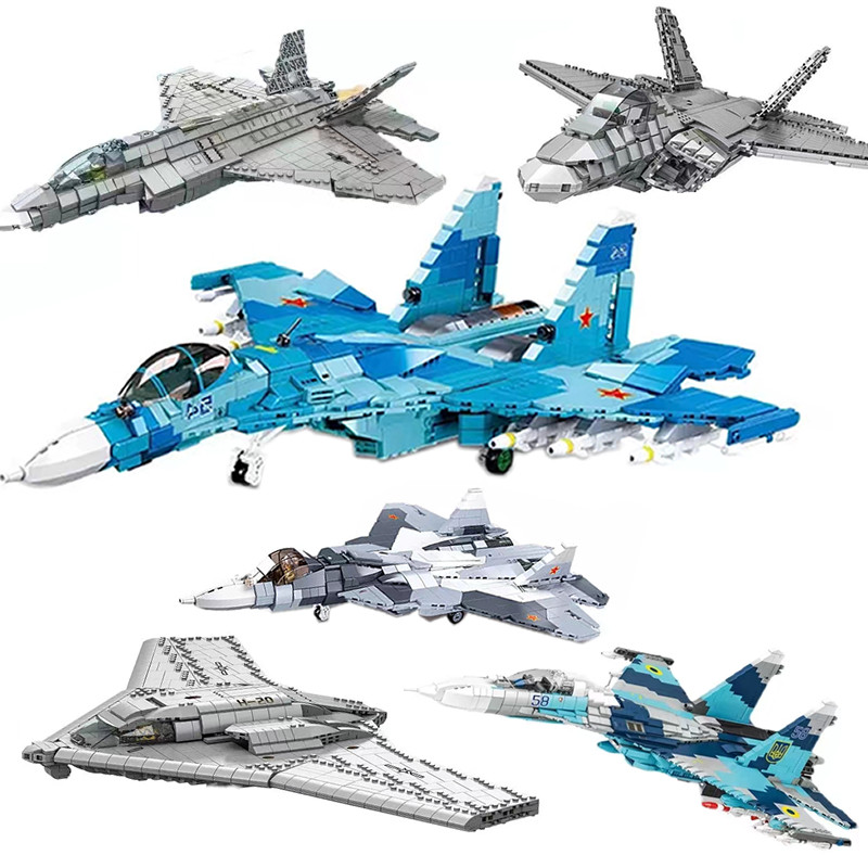 WW2 Military Battle Plane Army Fighter Jet SU-27 SU-57 US F-22 F-35 War Buig Blocks Bricks Shipboard